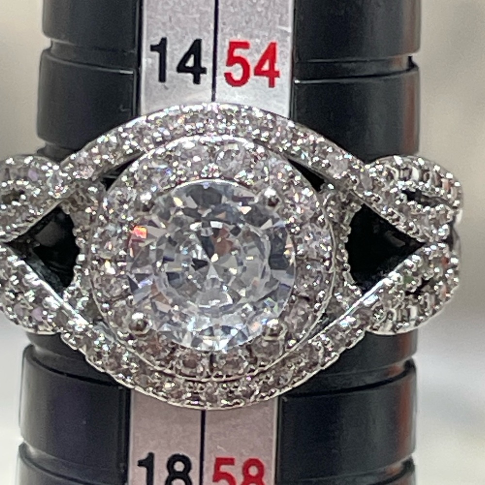 Sparkly Halo CZ Engagement Ring Silver Tone Pave Split Shank Bridal Statement 8